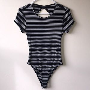 Short Sleeve Striped Bodysuit with Full Open Back